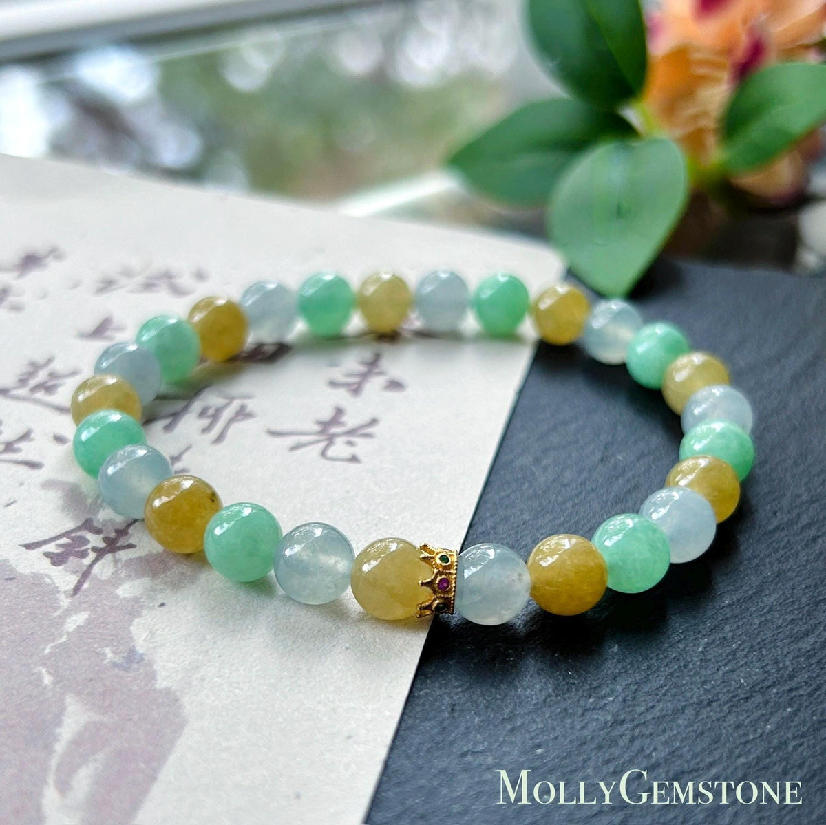Natural Jadeite Beaded Bracelet, Burmese Type A Translucent Icy Pale Blue Lavender, Honey Yellow, Apple Green Multi-Color Jade, 6.8mm