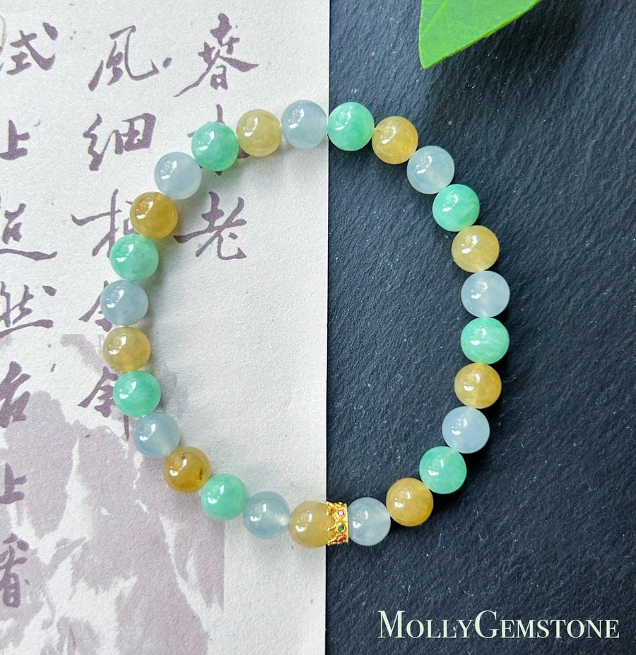 Natural Jadeite Beaded Bracelet, Burmese Type A Translucent Icy Pale Blue Lavender, Honey Yellow, Apple Green Multi-Color Jade, 6.8mm