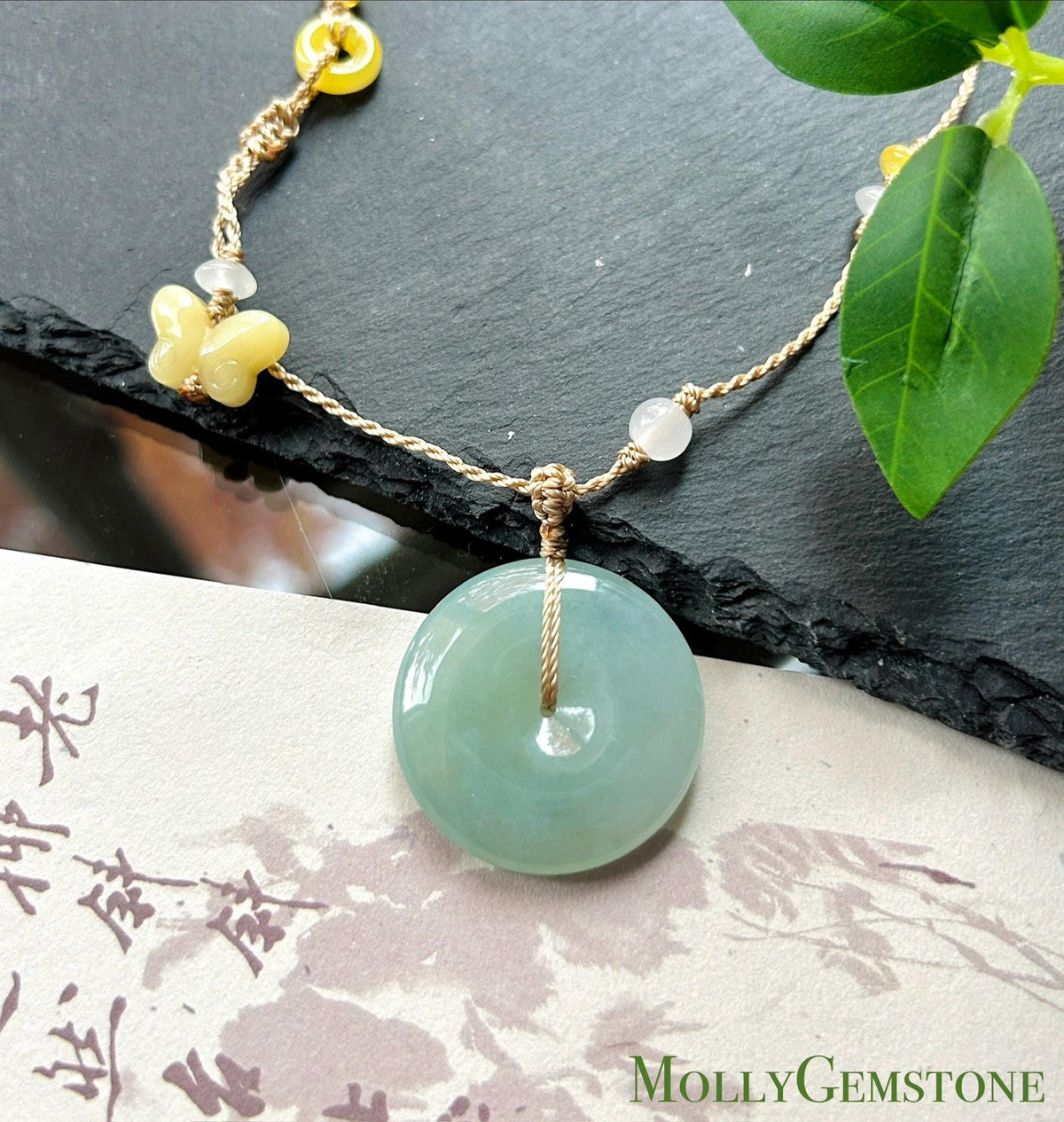 Certified Natural Jadeite Donut Pendant Handwoven Adjustable Necklace Burmese Type A Icy Translucent Bluish Green Jade 30.5 x 5.8mm