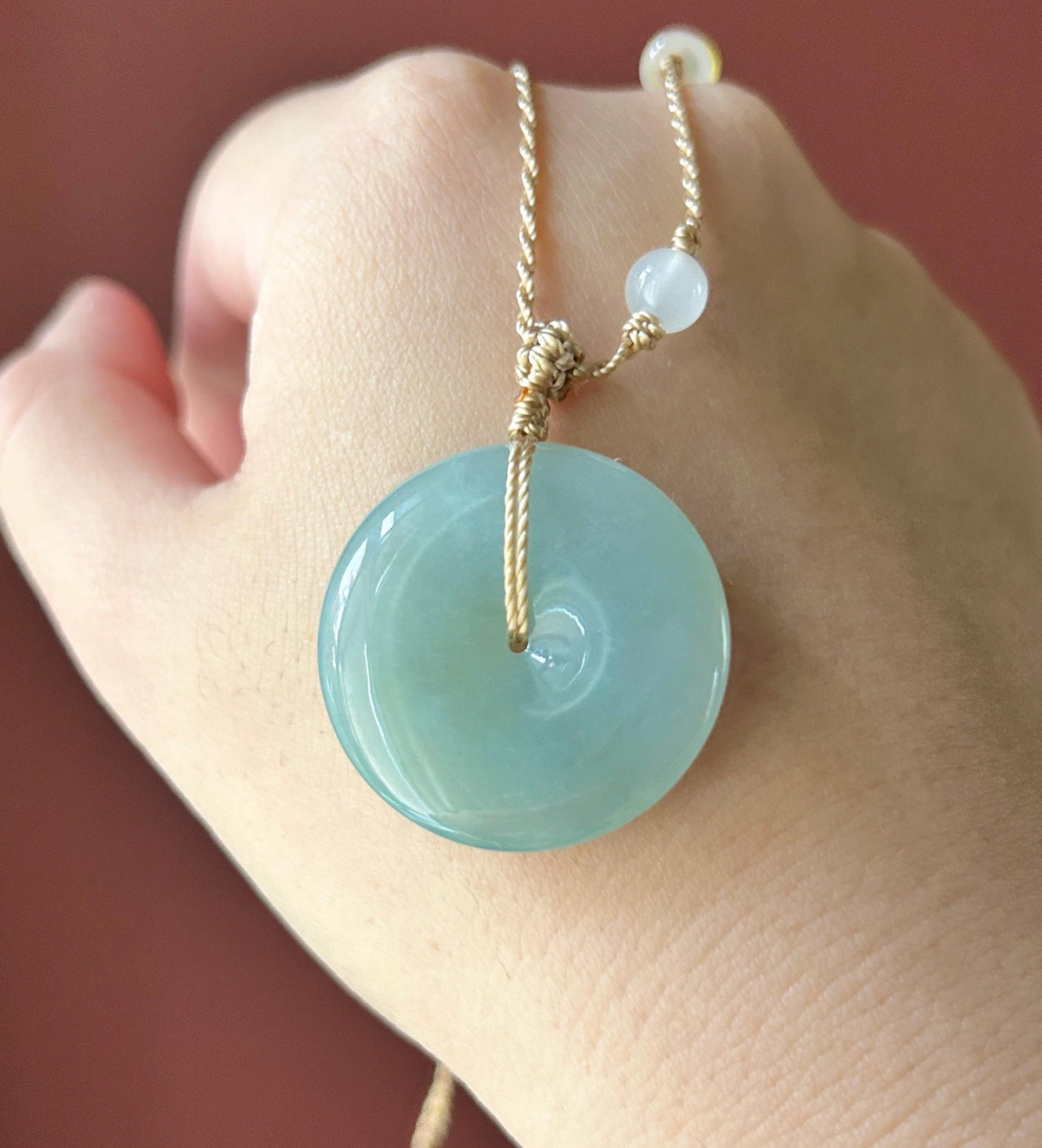 Certified Natural Jadeite Donut Pendant Handwoven Adjustable Necklace Burmese Type A Icy Translucent Bluish Green Jade 30.5 x 5.8mm