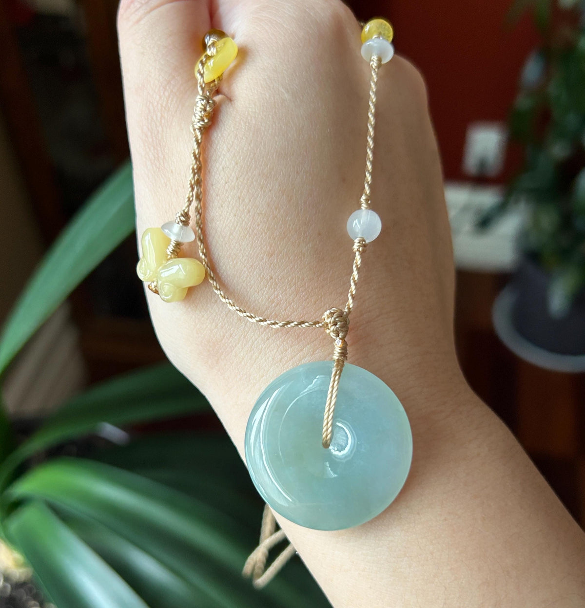 Certified Natural Jadeite Donut Pendant Handwoven Adjustable Necklace Burmese Type A Icy Translucent Bluish Green Jade 30.5 x 5.8mm