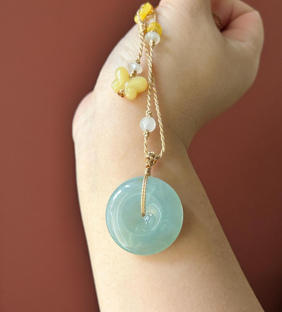 Certified Natural Jadeite Donut Pendant Handwoven Adjustable Necklace Burmese Type A Icy Translucent Bluish Green Jade 30.5 x 5.8mm