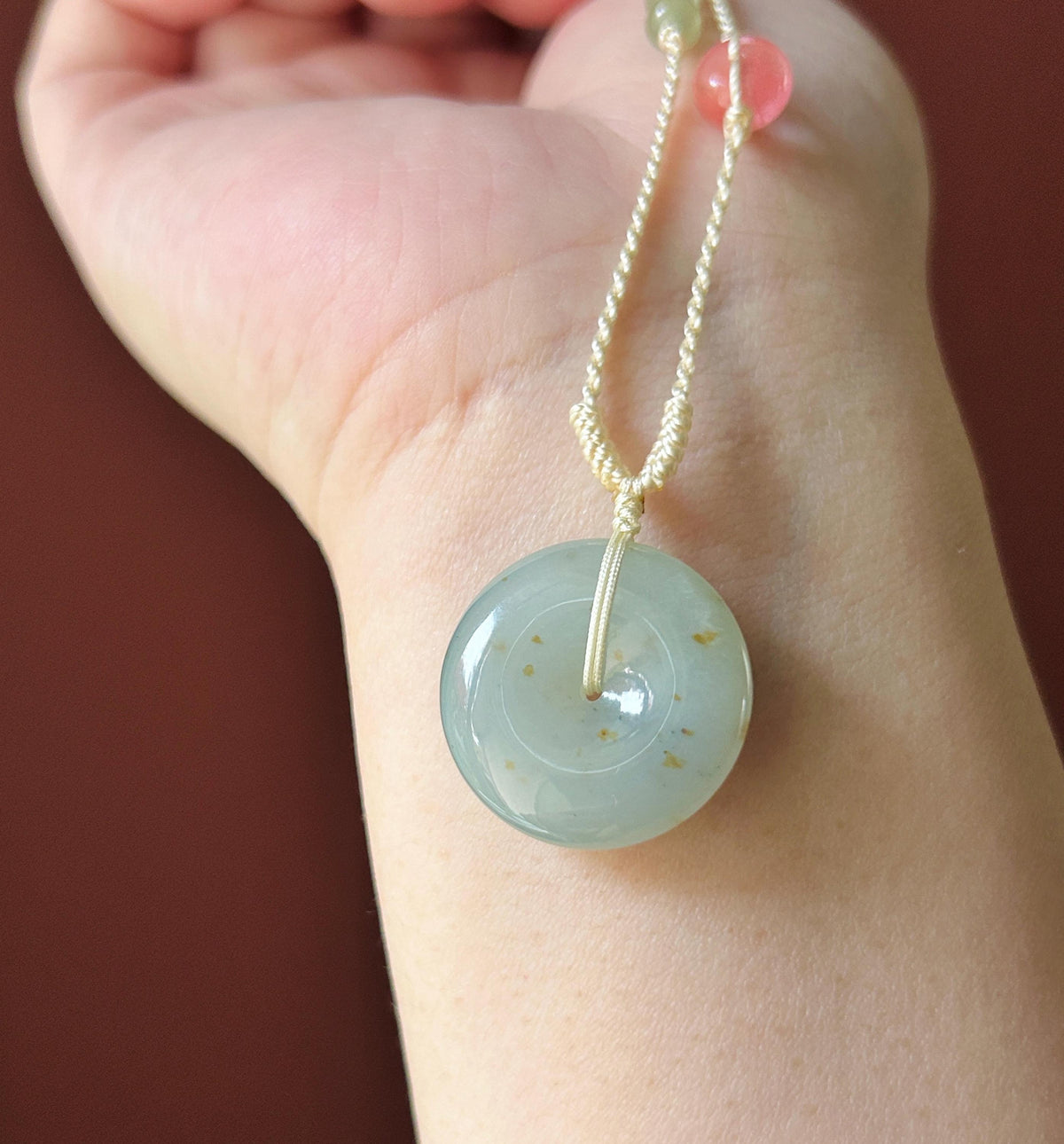 Certified Natural Jadeite Donut Pendant Burmese Type A Icy Translucent Misty Blue & Autumn Yellow Floral Jade, 23.5 x 6.5mm