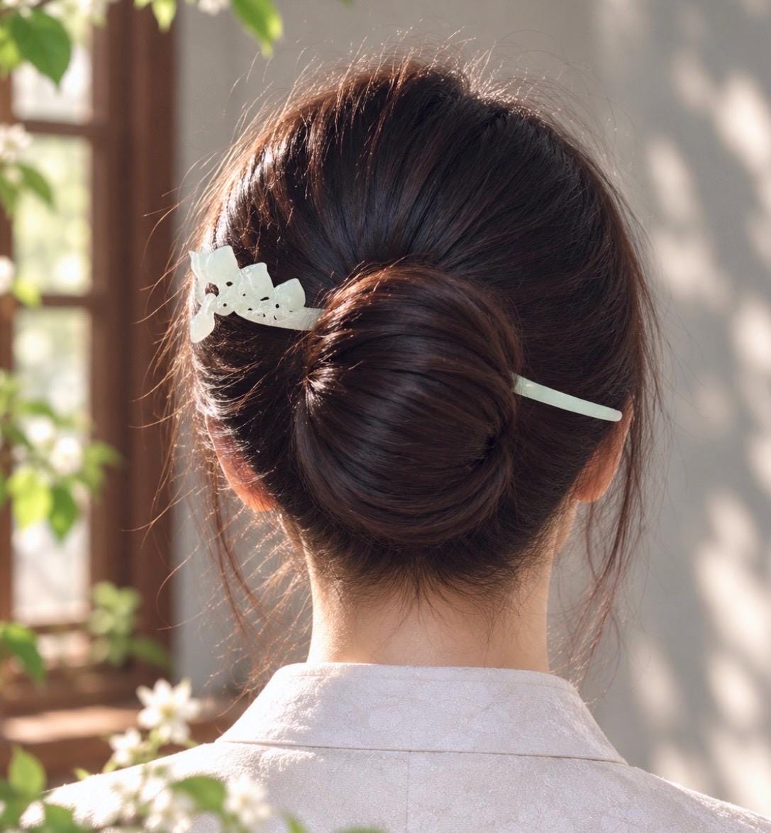 Natural Jadeite Longevity Peach Hair Pin Burmese Type A Icy Pale Green/Blue Jade Hanfu Accessories Handmade Jewelry