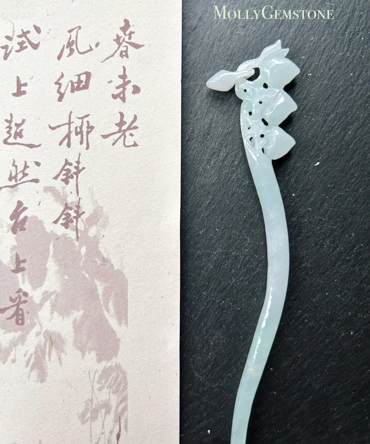 Natural Jadeite Longevity Peach Hair Pin Burmese Type A Icy Pale Green/Blue Jade Hanfu Accessories Handmade Jewelry