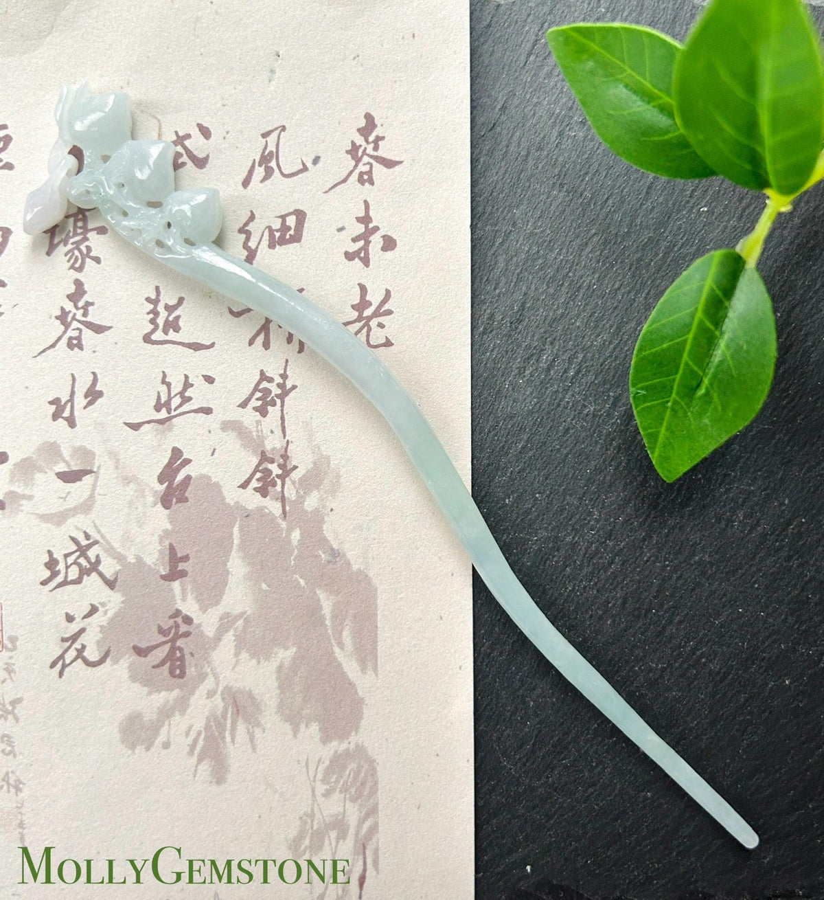 Natural Jadeite Longevity Peach Hair Pin Burmese Type A Icy Pale Green/Blue Jade Hanfu Accessories Handmade Jewelry