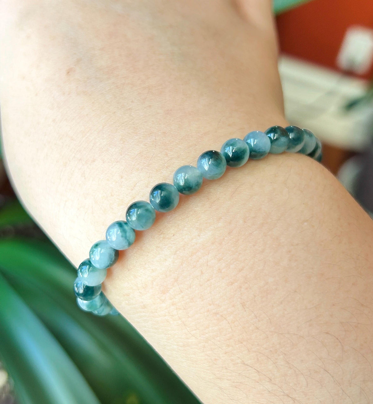 Certified Natural Jadeite Beaded Bracelet, Burmese Type A Highly Translucent Icy Blue Green Floral Jade, 6mm