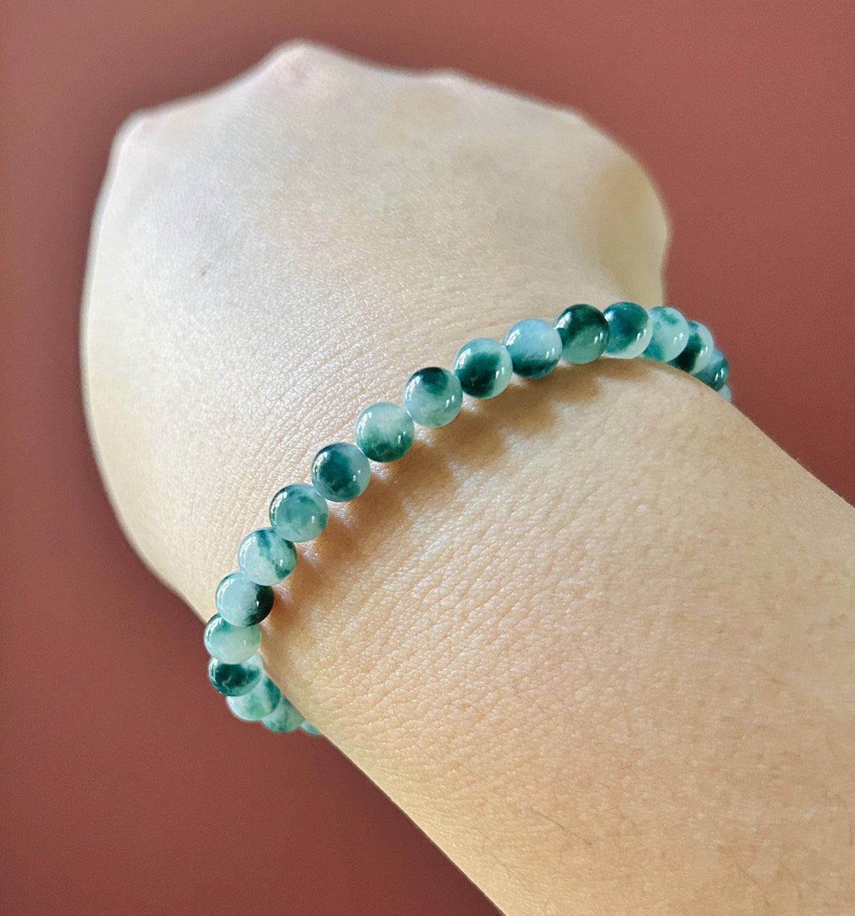Certified Natural Jadeite Beaded Bracelet, Burmese Type A Highly Translucent Icy Blue Green Floral Jade, 6mm