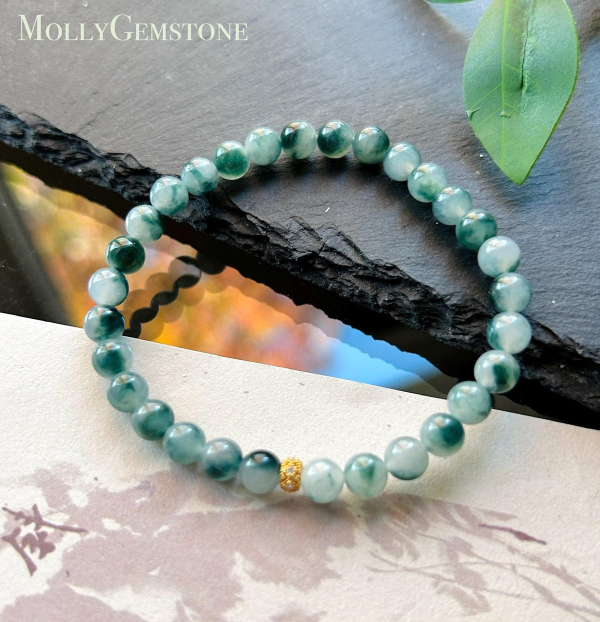 Certified Natural Jadeite Beaded Bracelet, Burmese Type A Highly Translucent Icy Blue Green Floral Jade, 6mm