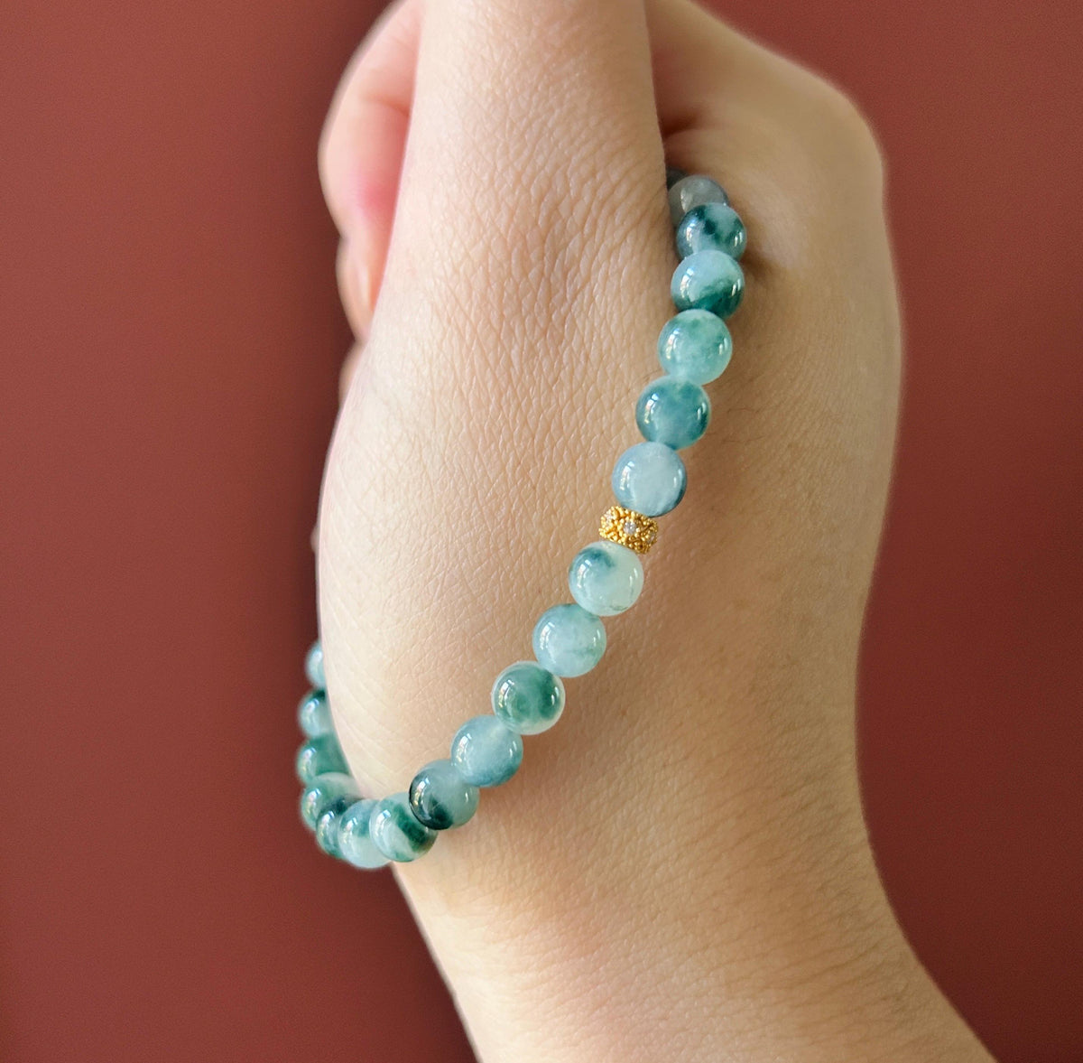 Certified Natural Jadeite Beaded Bracelet, Burmese Type A Highly Translucent Icy Blue Green Floral Jade, 6mm