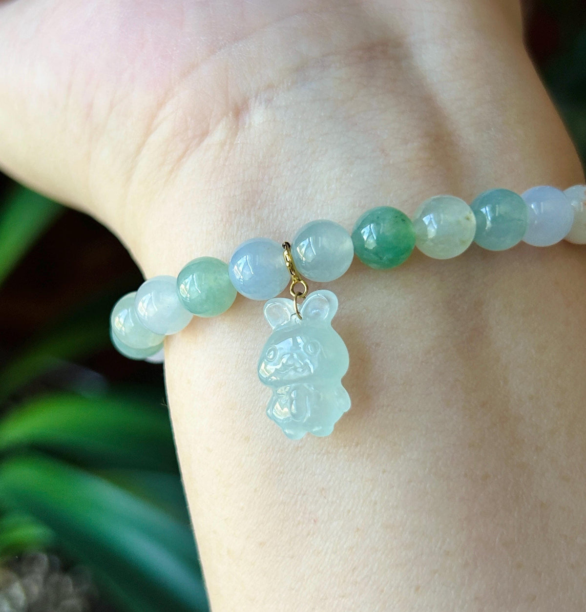 Natural Jadeite Beaded Bracelet Burmese Type A Highly Translucent Icy Macaron Multicolor Jade 6.7mm Minimalist Jewelry Bunny Charm