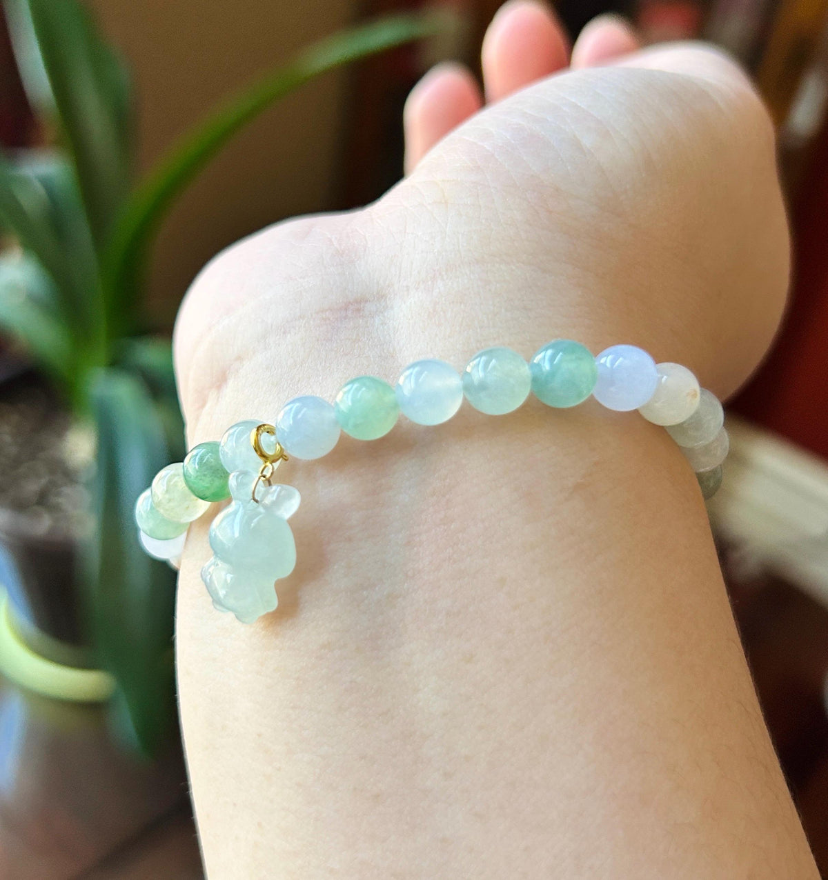 Natural Jadeite Beaded Bracelet Burmese Type A Highly Translucent Icy Macaron Multicolor Jade 6.7mm Minimalist Jewelry Bunny Charm