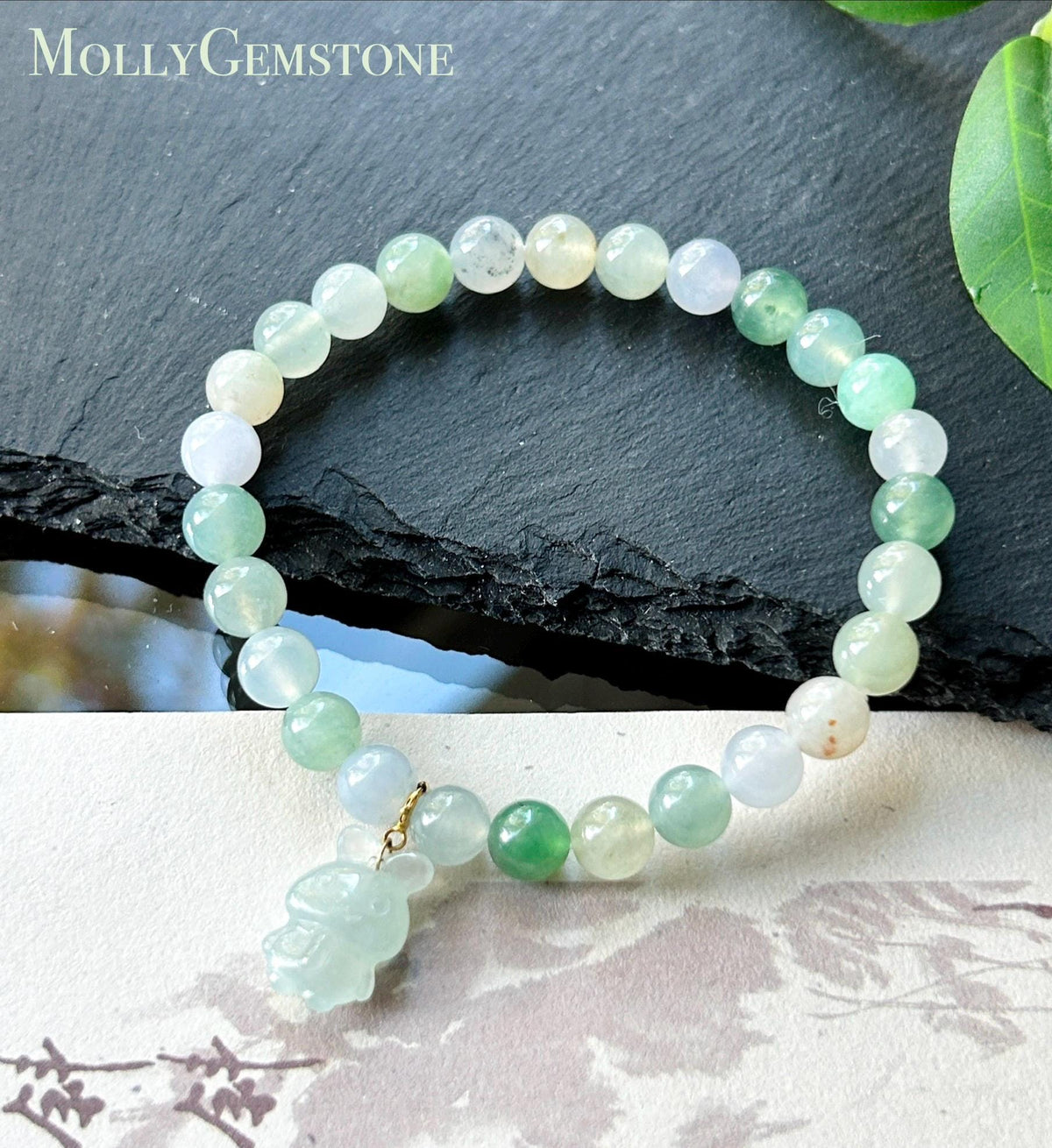 Natural Jadeite Beaded Bracelet Burmese Type A Highly Translucent Icy Macaron Multicolor Jade 6.7mm Minimalist Jewelry Bunny Charm