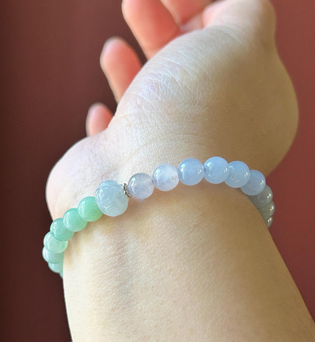 Natural Jadeite Beaded Bracelet, Burmese Type A Untreated Highly Translucent Icy Pastel Macaron Rainbow Gradient Multicolor Jade, 6.5mm