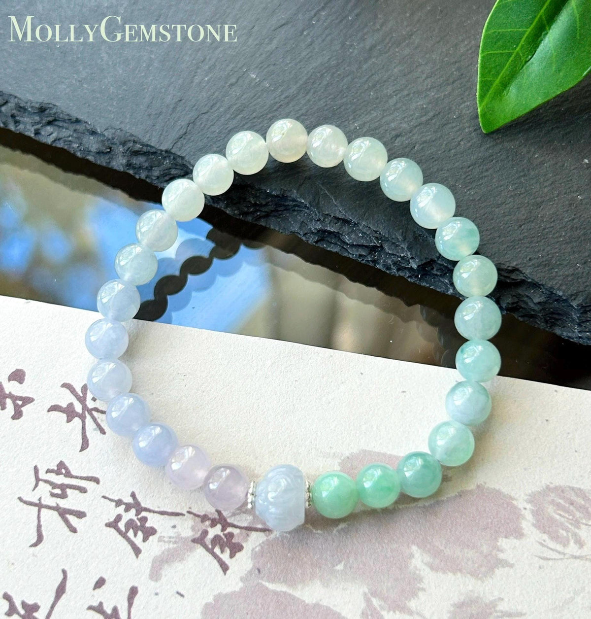 Natural Jadeite Beaded Bracelet, Burmese Type A Untreated Highly Translucent Icy Pastel Macaron Rainbow Gradient Multicolor Jade, 6.5mm