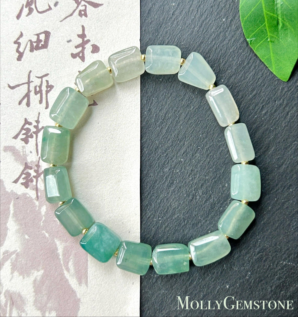 Natural Jadeite Beaded Bracelet Burmese Type A Translucent Icy Gradient Blue-Green Jade 8.5 x 5mm Minimalist Jewelry Freeform Beads