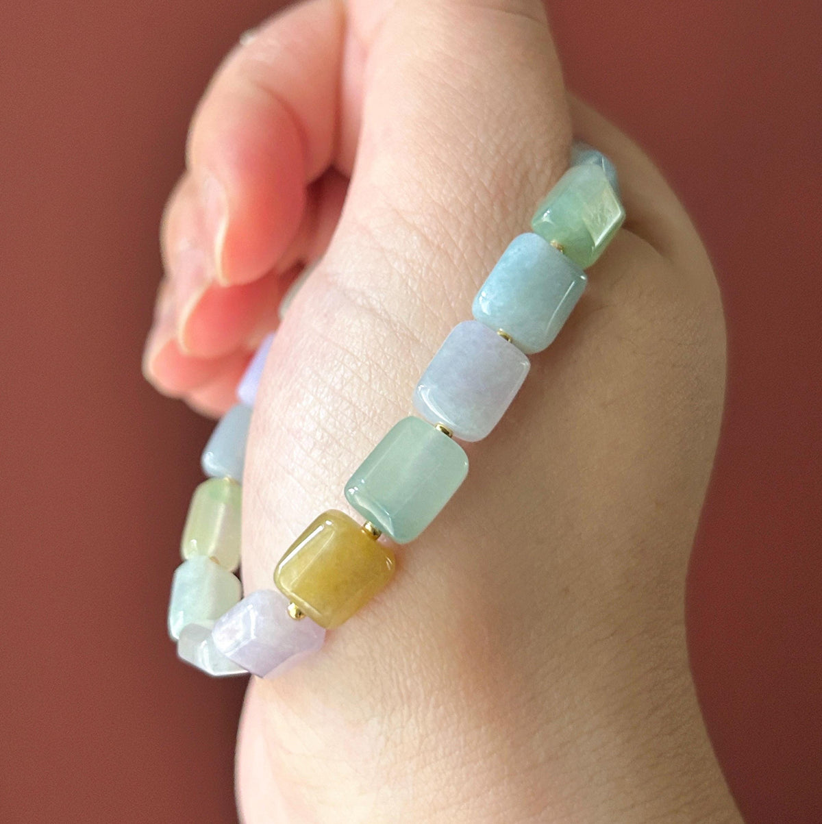 Natural Jadeite Beaded Bracelet Burmese Type A Translucent Icy Macaron Multicolor Jade 8.5 x 5mm Minimalist Jewelry Freeform Beads