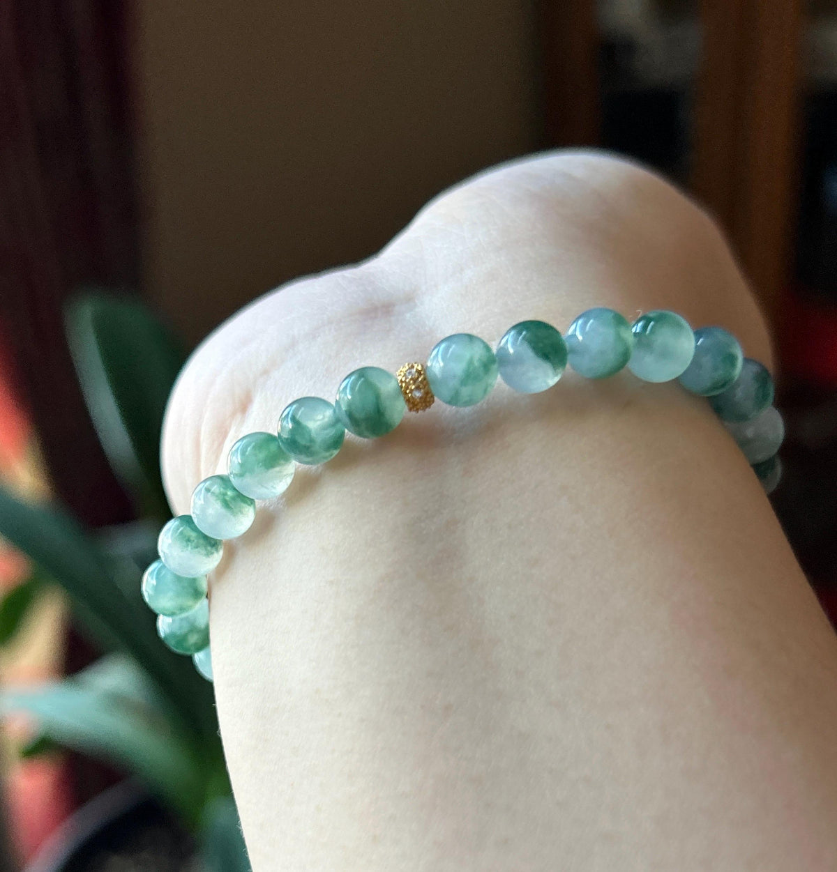 Natural Jadeite Beaded Bracelet, Burmese Type A Highly Translucent Icy Blue Green Floral Jade, 6.8mm