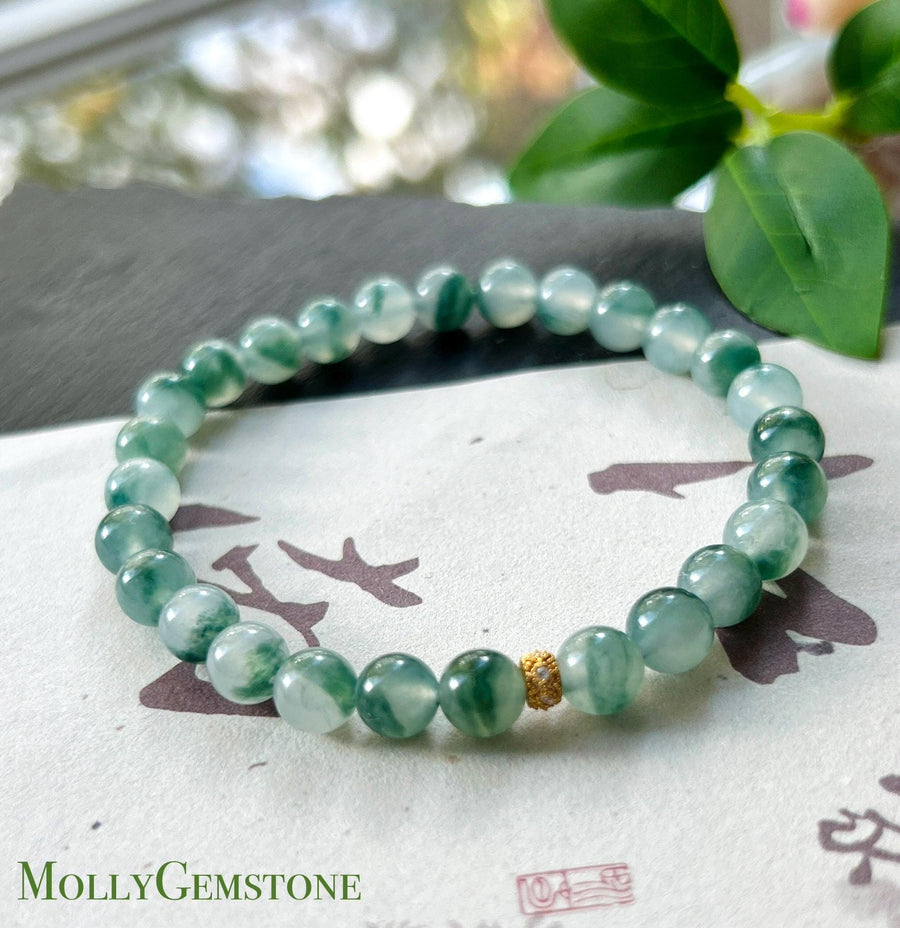 Natural Jadeite Beaded Bracelet, Burmese Type A Highly Translucent Icy Blue Green Floral Jade, 6.8mm