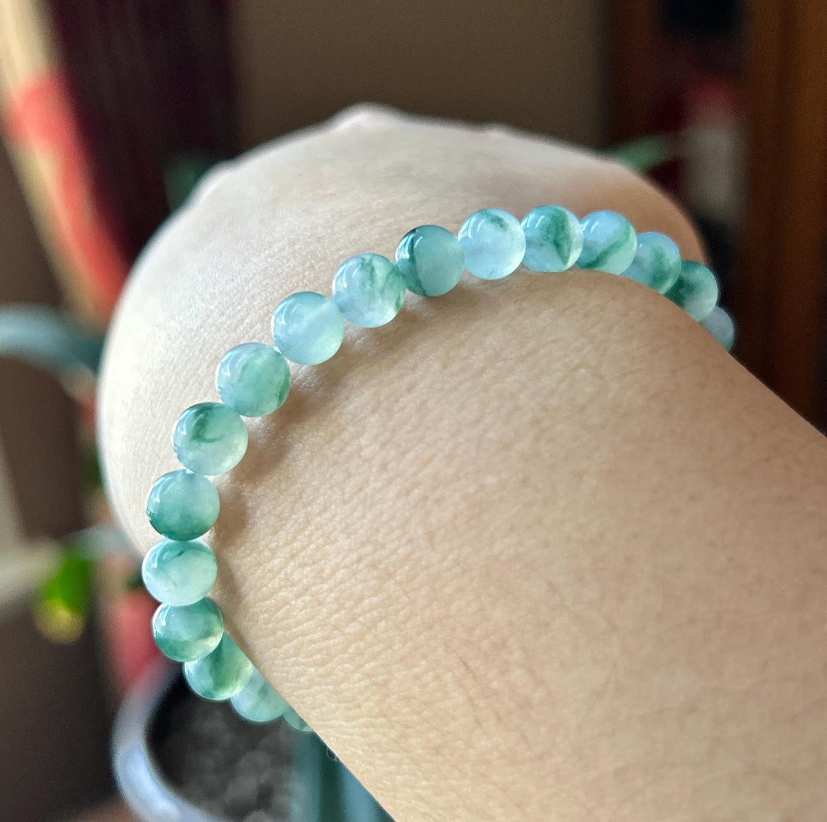 Natural Jadeite Beaded Bracelet, Burmese Type A Highly Translucent Icy Blue Green Floral Jade, 6.8mm