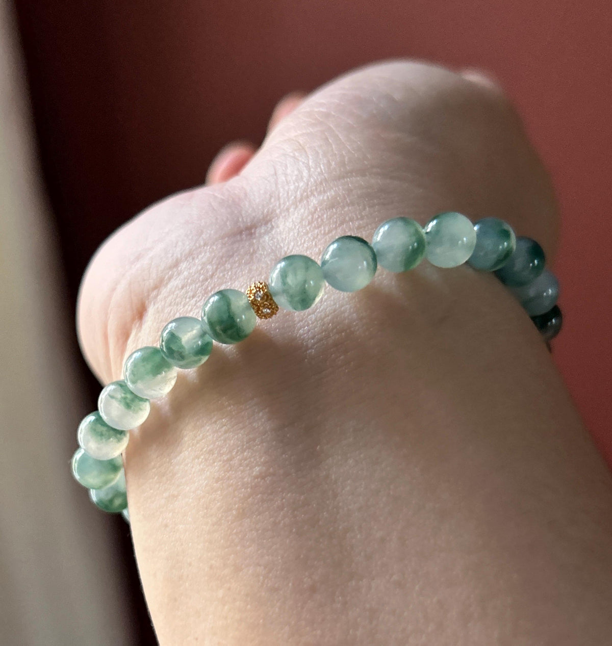 Natural Jadeite Beaded Bracelet, Burmese Type A Highly Translucent Icy Blue Green Floral Jade, 6.8mm