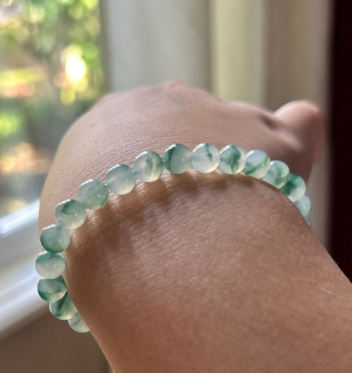 Natural Jadeite Beaded Bracelet, Burmese Type A Highly Translucent Icy Blue Green Floral Jade, 6.8mm