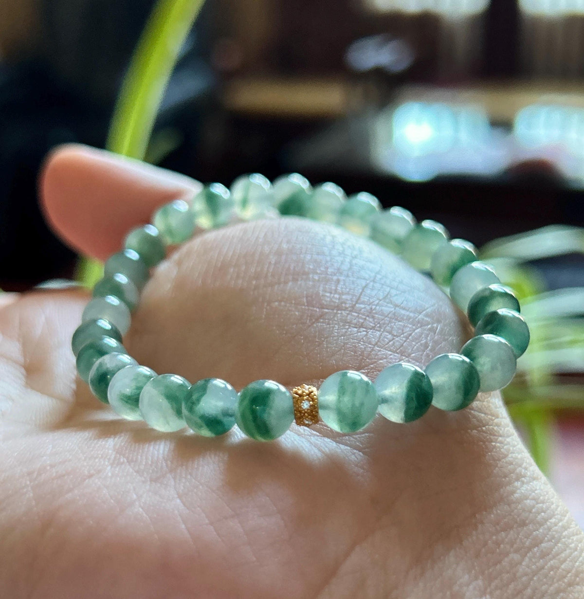 Natural Jadeite Beaded Bracelet, Burmese Type A Highly Translucent Icy Blue Green Floral Jade, 6.8mm