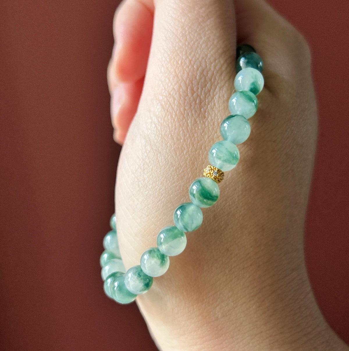 Natural Jadeite Beaded Bracelet, Burmese Type A Highly Translucent Icy Blue Green Floral Jade, 6.8mm