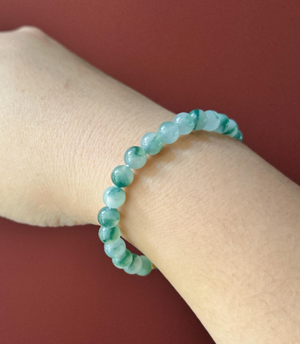 Natural Jadeite Beaded Bracelet, Burmese Type A Highly Translucent Icy Blue Green Floral Jade, 6.8mm