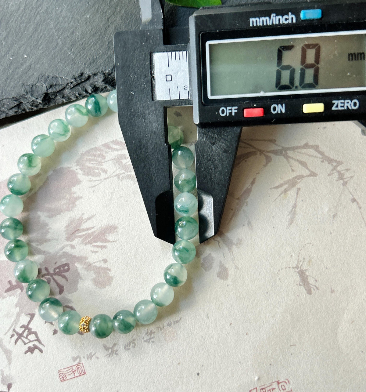 Natural Jadeite Beaded Bracelet, Burmese Type A Highly Translucent Icy Blue Green Floral Jade, 6.8mm