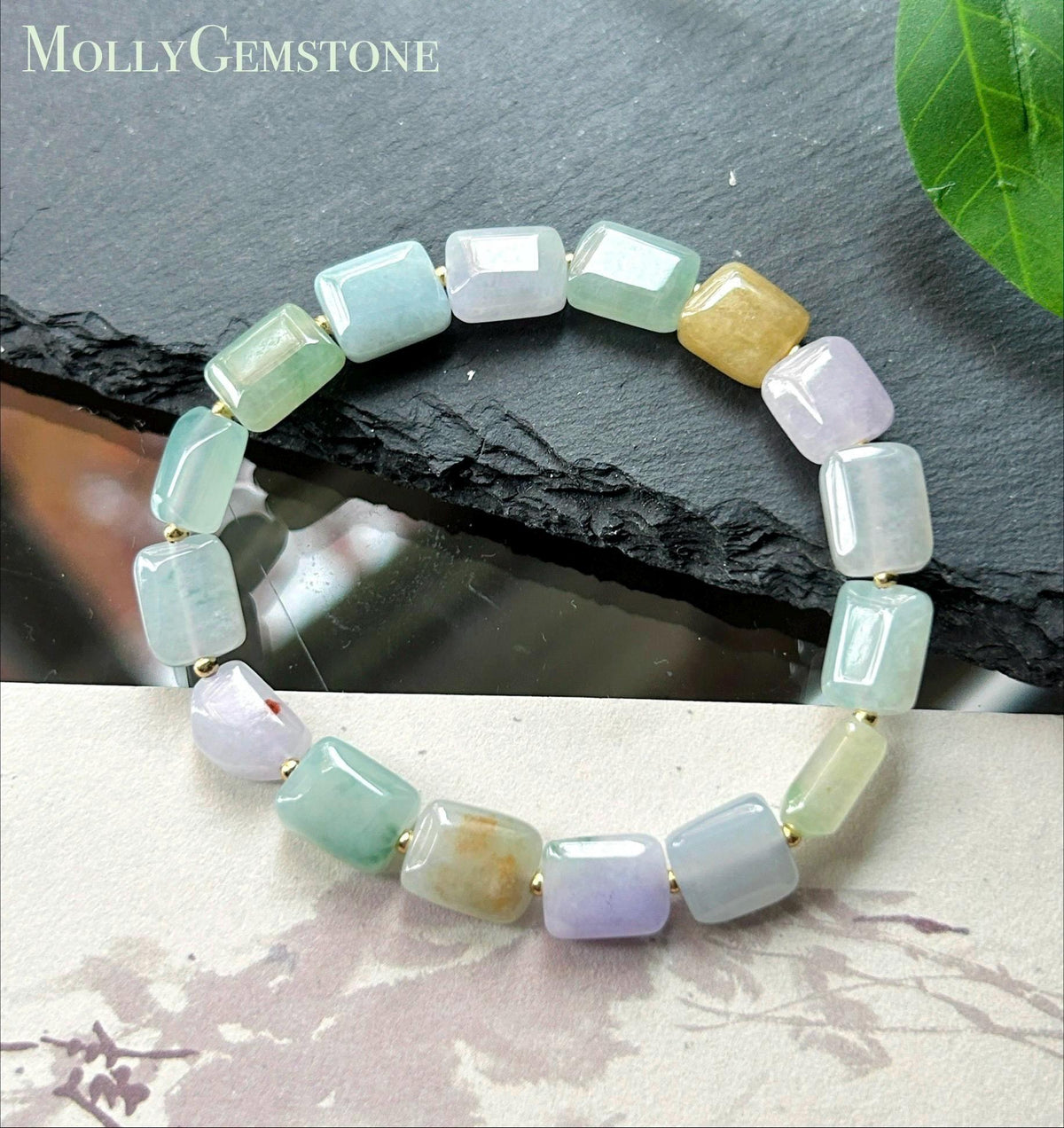 Natural Jadeite Beaded Bracelet Burmese Type A Translucent Icy Macaron Multicolor Jade 8.5 x 5mm Minimalist Jewelry Freeform Beads