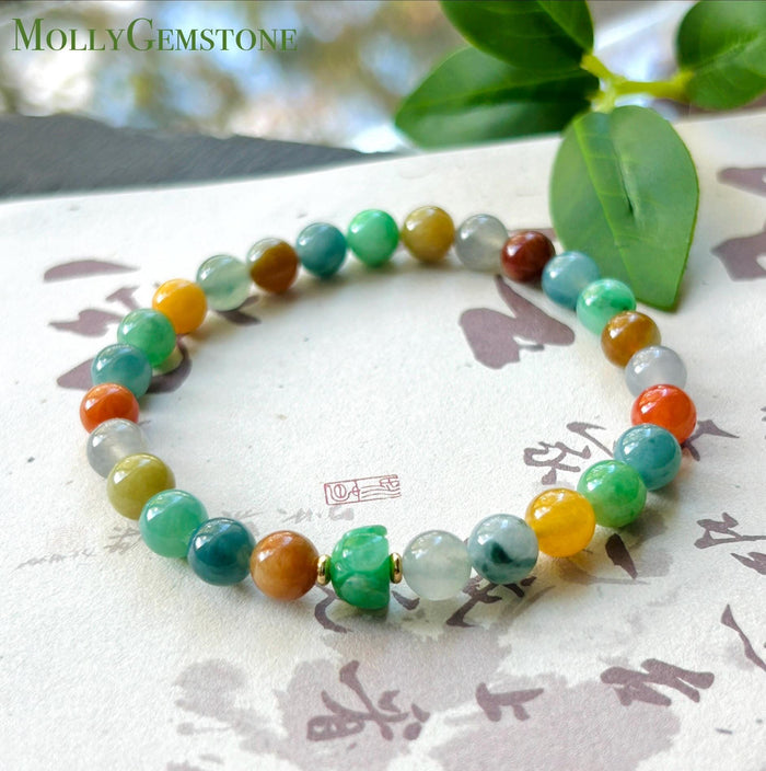 Natural Jadeite Beaded Bracelet, Burmese Type A Fine Icy Translucent Vivid Rainbow Multicolor Jade Beads, 6.8mm Duobao Bracelet