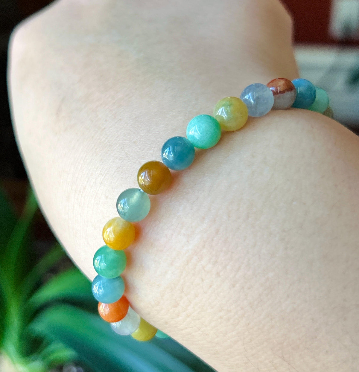 Natural Jadeite Beaded Bracelet, Burmese Type A Fine Icy Translucent Vivid Rainbow Multicolor Jade Beads, 6.8mm Duobao Bracelet