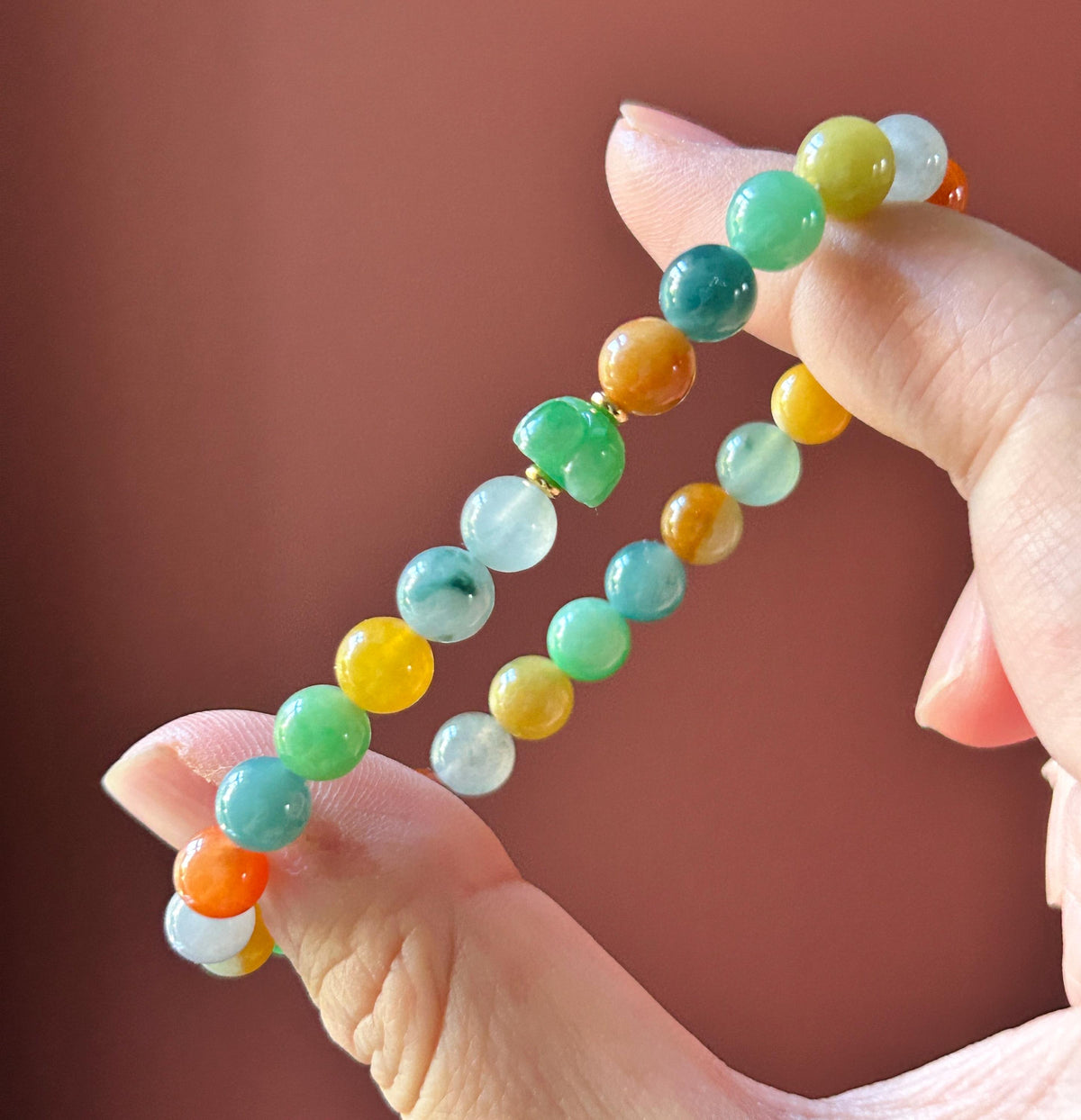 Natural Jadeite Beaded Bracelet, Burmese Type A Fine Icy Translucent Vivid Rainbow Multicolor Jade Beads, 6.8mm Duobao Bracelet