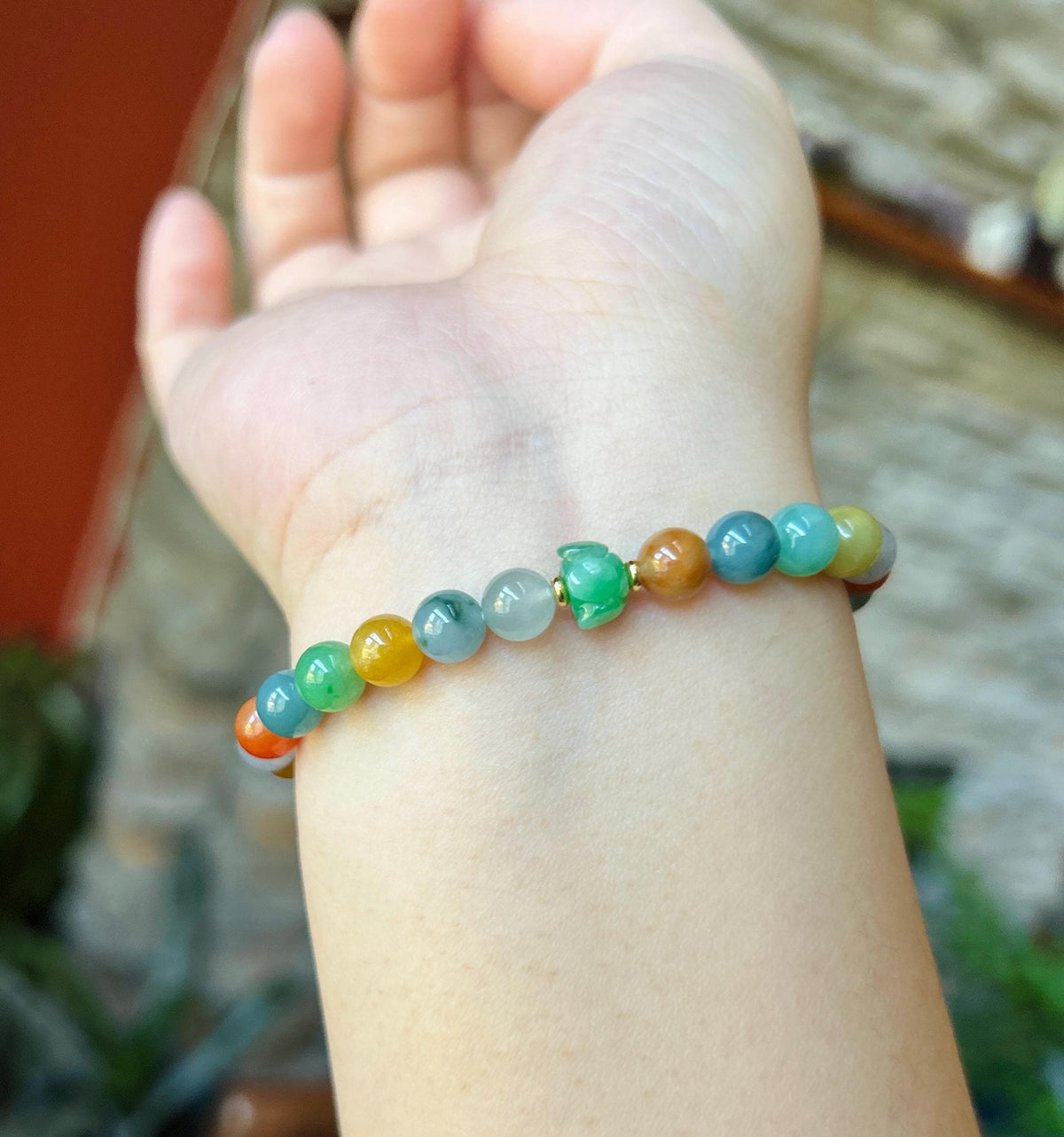 Natural Jadeite Beaded Bracelet, Burmese Type A Fine Icy Translucent Vivid Rainbow Multicolor Jade Beads, 6.8mm Duobao Bracelet