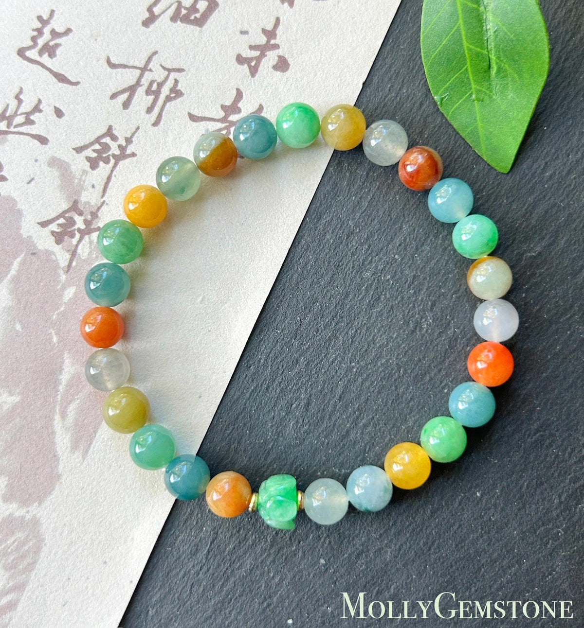 Natural Jadeite Beaded Bracelet, Burmese Type A Fine Icy Translucent Vivid Rainbow Multicolor Jade Beads, 6.8mm Duobao Bracelet