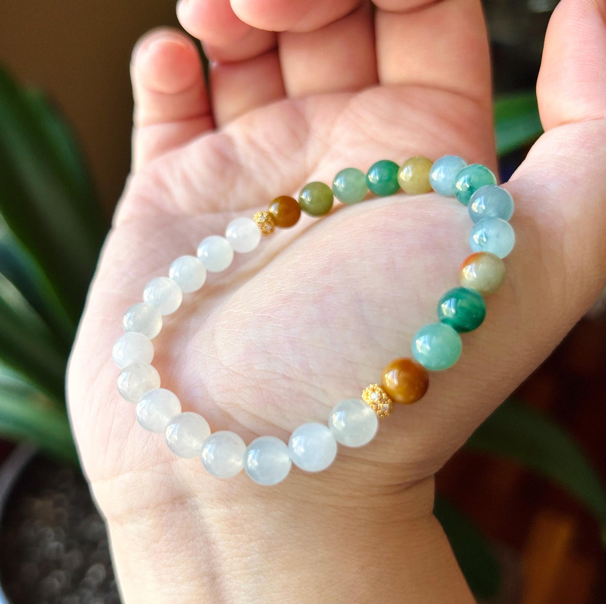 Natural Jadeite Bracelet, Burmese Type A Translucent Multicolor and Icy White Jade, 3-Way Styling, Glutinous Icy Jadeite Beads 6.8mm