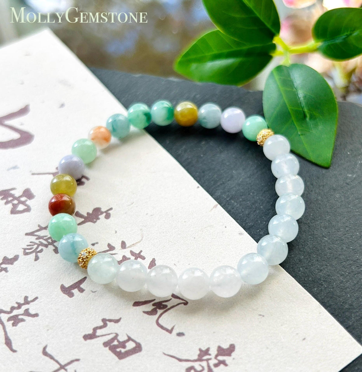 Natural Jadeite Bracelet, Burmese Type A Translucent Vivid Multicolor and Icy White Jade, 3-Way Styling, Glutinous Icy Jadeite Beads 6.6mm