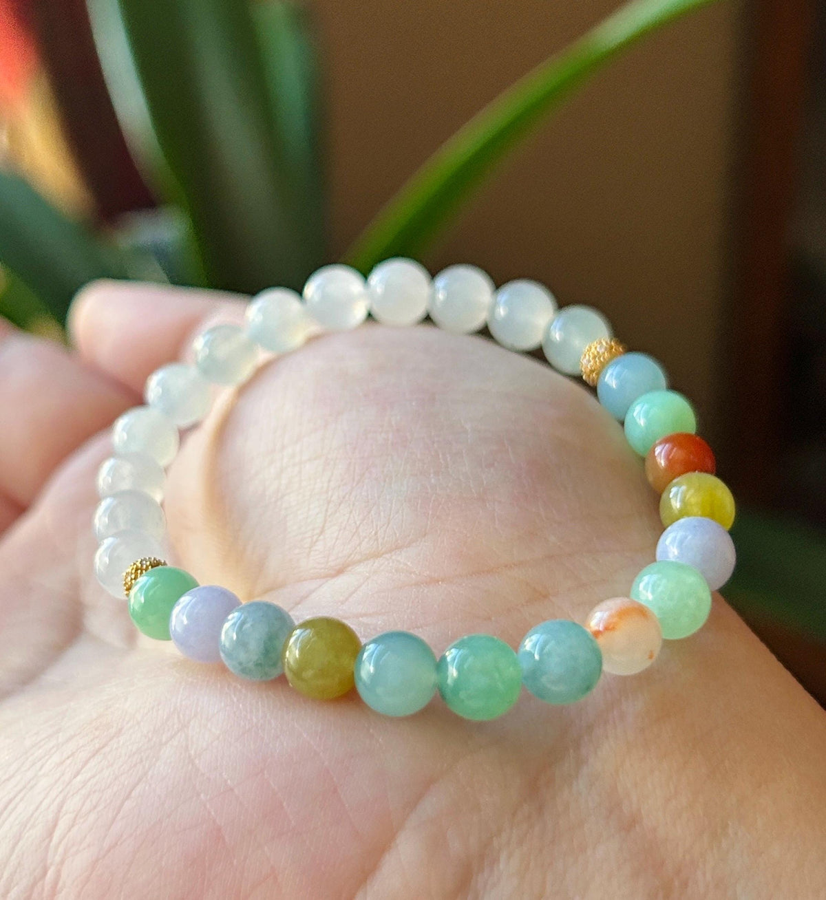 Natural Jadeite Bracelet, Burmese Type A Translucent Vivid Multicolor and Icy White Jade, 3-Way Styling, Glutinous Icy Jadeite Beads 6.6mm