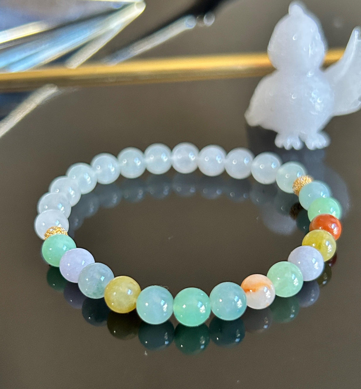 Natural Jadeite Bracelet, Burmese Type A Translucent Vivid Multicolor and Icy White Jade, 3-Way Styling, Glutinous Icy Jadeite Beads 6.6mm