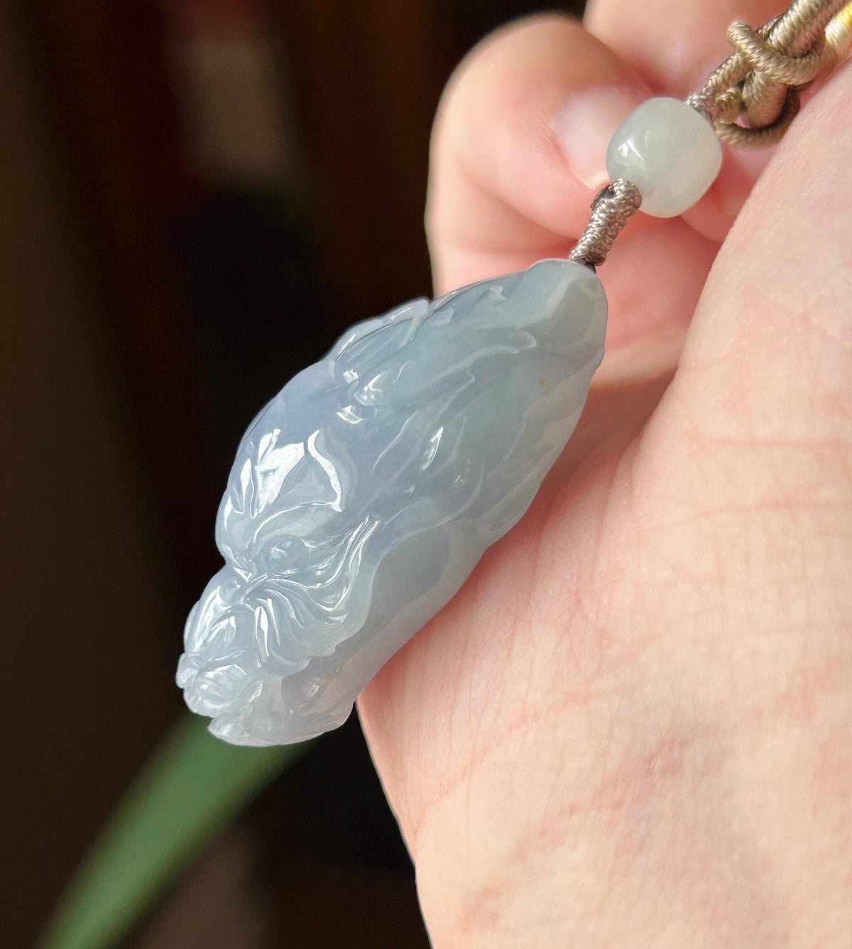 Natural Jadeite Dragon Head Pendant Adjustable Handwoven Necklace | Burmese Type A Translucent Icy Bluish Lavender Jade | Protection Amulet