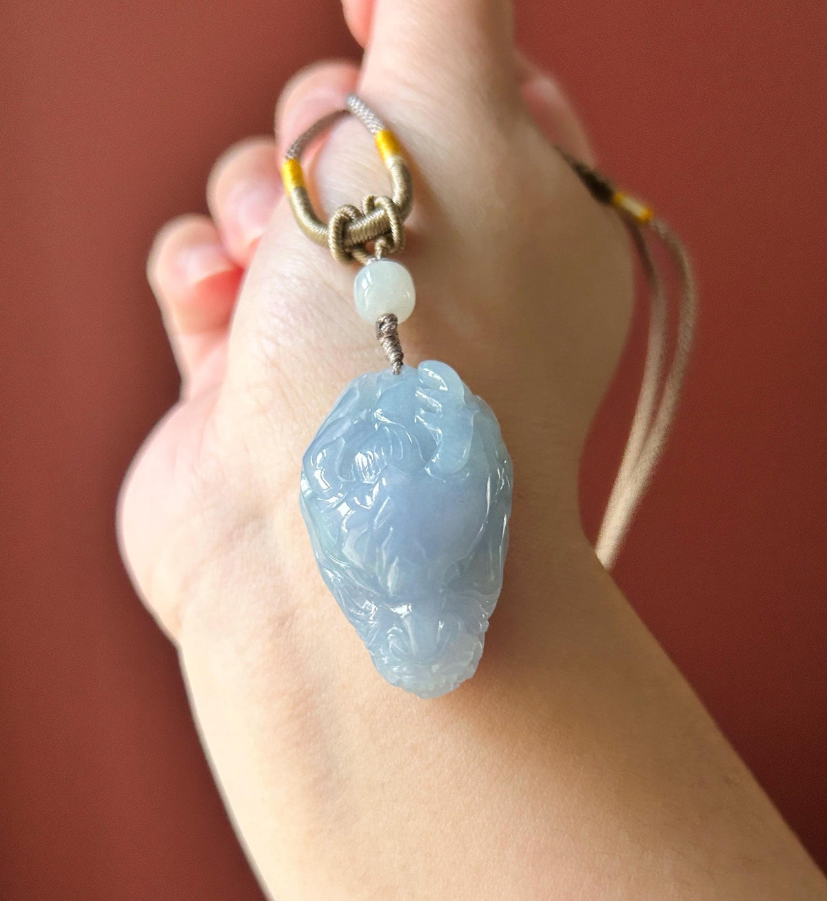 Natural Jadeite Dragon Head Pendant Adjustable Handwoven Necklace | Burmese Type A Translucent Icy Bluish Lavender Jade | Protection Amulet