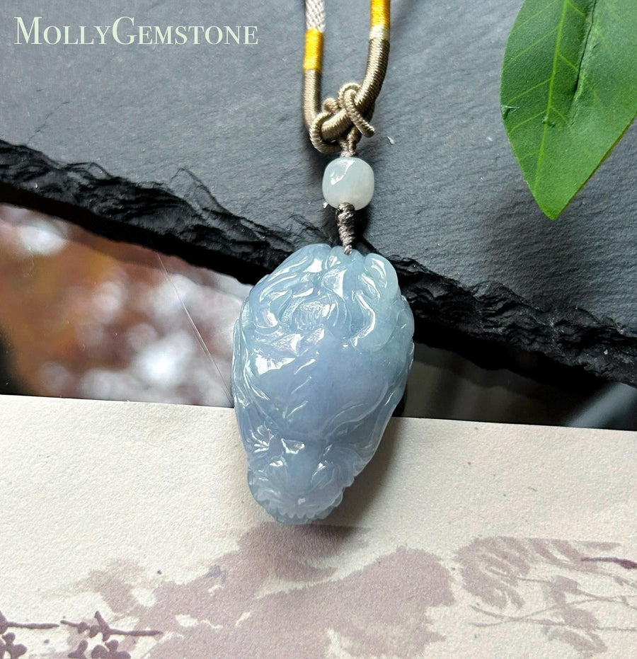 Natural Jadeite Dragon Head Pendant Adjustable Handwoven Necklace | Burmese Type A Translucent Icy Bluish Lavender Jade | Protection Amulet