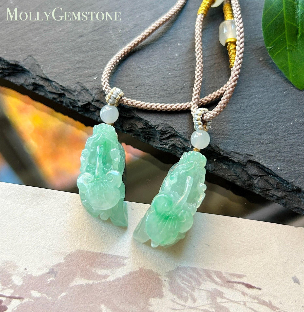Certified Natural Jadeite Pixiu Pair Pendant Adjustable Cord | Burmese Type A Translucent Icy Vivid Apple Green Jade | Protection Amulet