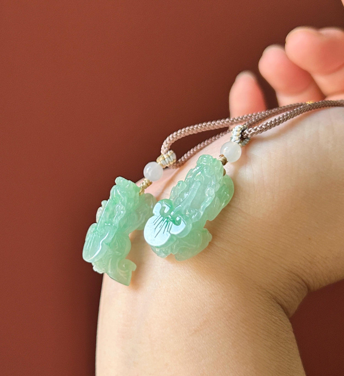 Certified Natural Jadeite Pixiu Pair Pendant Adjustable Cord | Burmese Type A Translucent Icy Vivid Apple Green Jade | Protection Amulet
