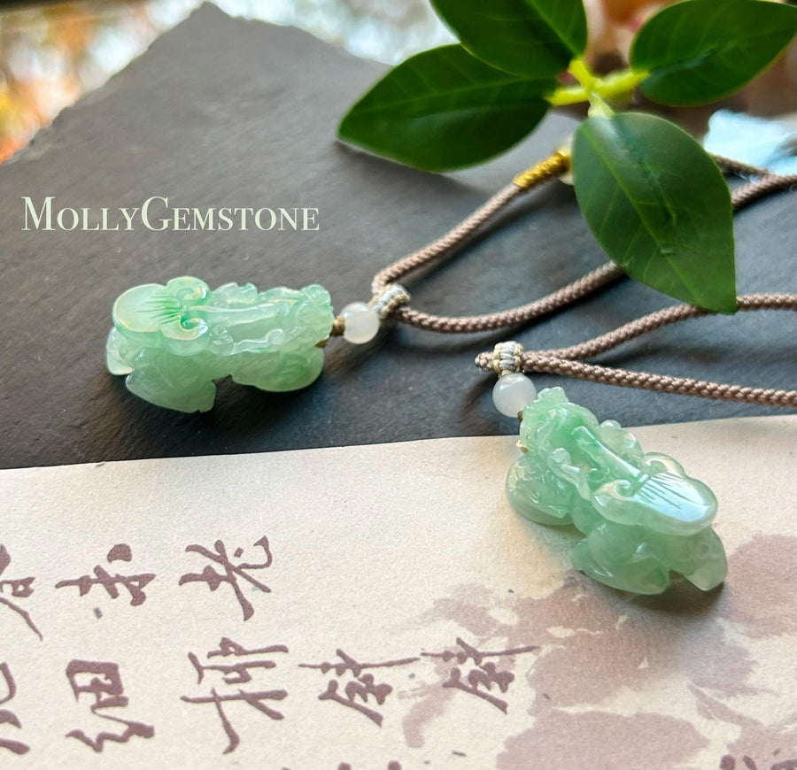 Certified Natural Jadeite Pixiu Pair Pendant Adjustable Cord | Burmese Type A Translucent Icy Vivid Apple Green Jade | Protection Amulet