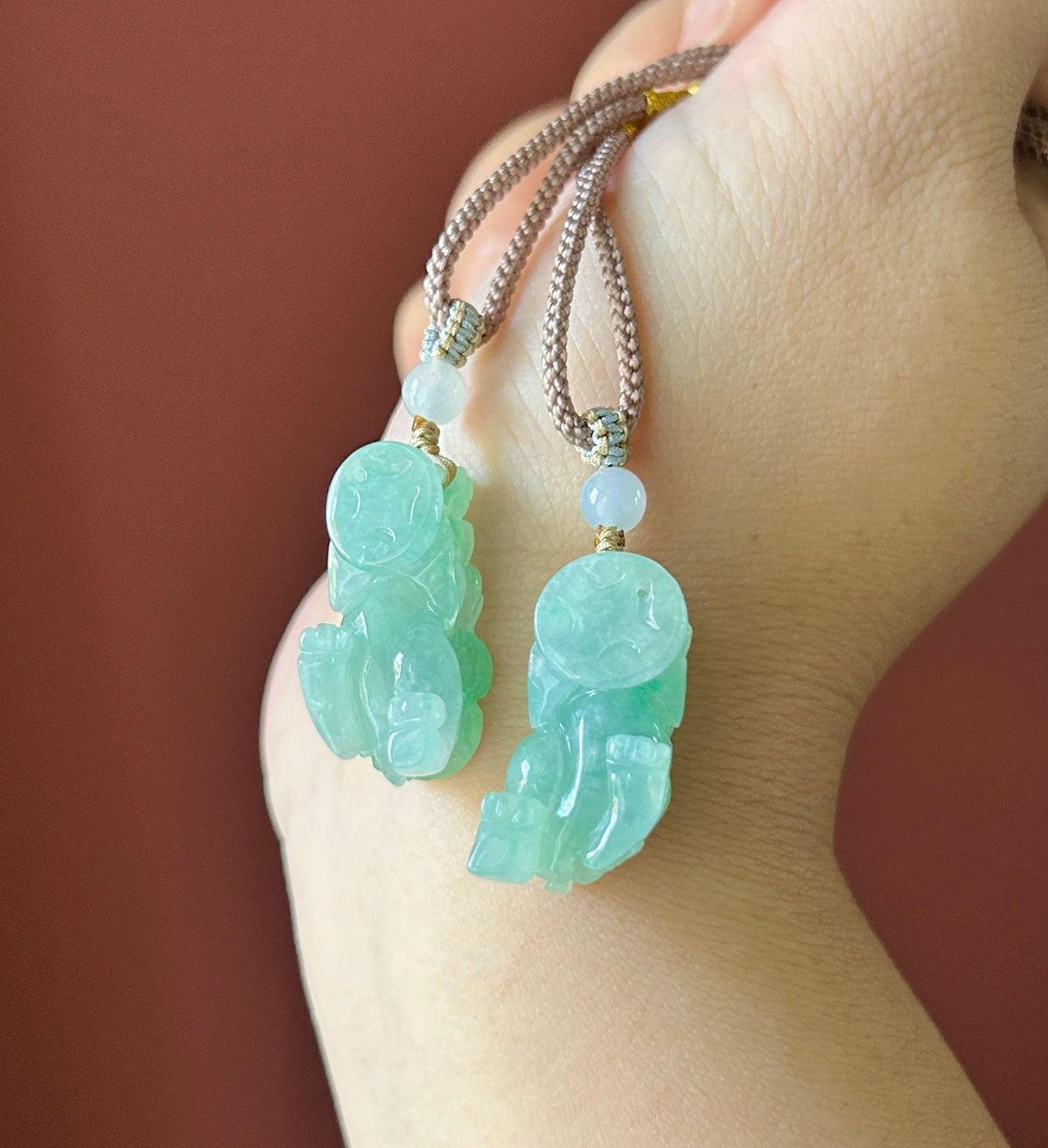 Certified Natural Jadeite Pixiu Pair Pendant Adjustable Cord | Burmese Type A Translucent Icy Vivid Apple Green Jade | Protection Amulet