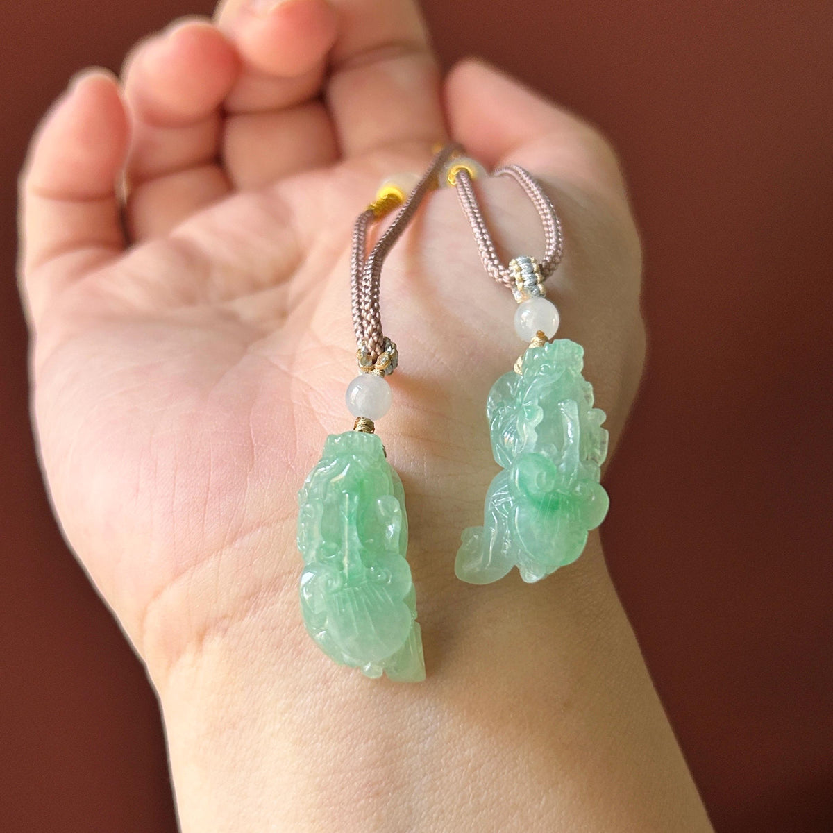 Certified Natural Jadeite Pixiu Pair Pendant Adjustable Cord | Burmese Type A Translucent Icy Vivid Apple Green Jade | Protection Amulet