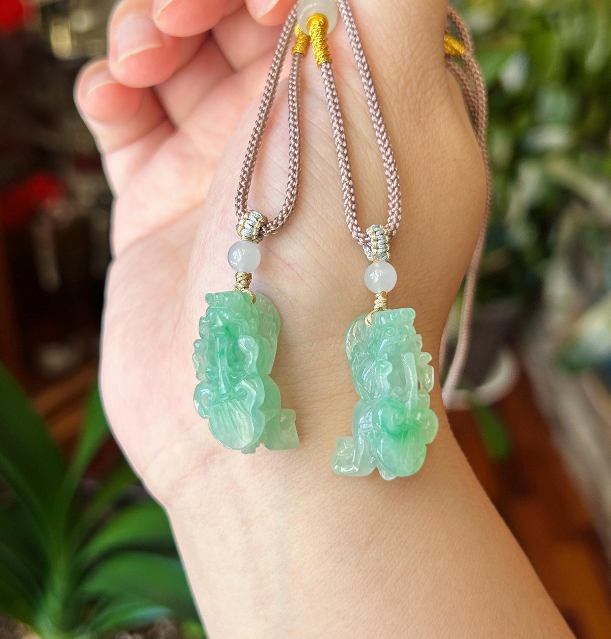 Certified Natural Jadeite Pixiu Pair Pendant Adjustable Cord | Burmese Type A Translucent Icy Vivid Apple Green Jade | Protection Amulet