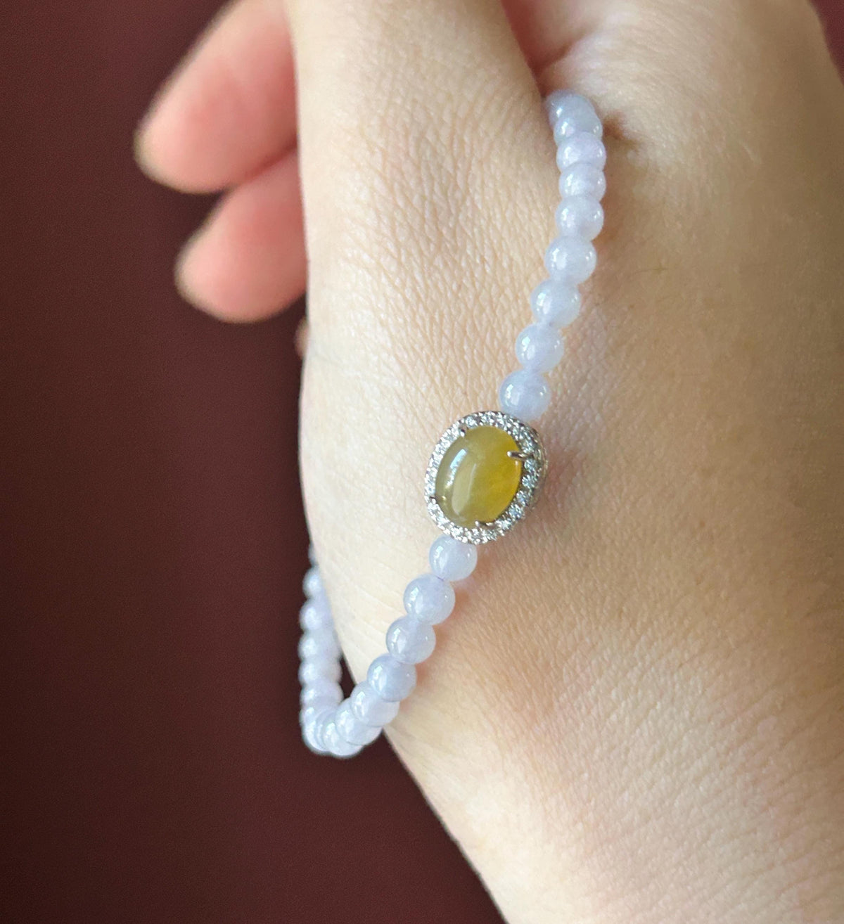 Natural Jadeite Beaded Bracelet – Burmese Type A Icy Pinkish Lavender Jade, 4mm, Icy Green/Honey Yellow Jadeite Cabochon, Minimalist Jewelry